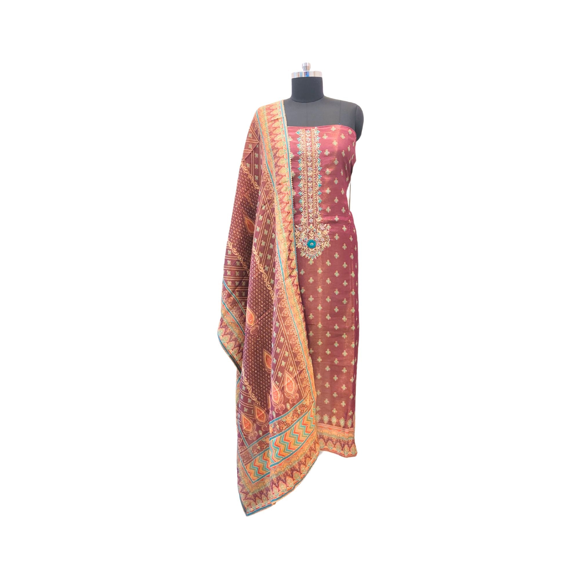 TISSUE SUIT WITH HAND EMBROIDER AND FLORAL PRINT KURTI