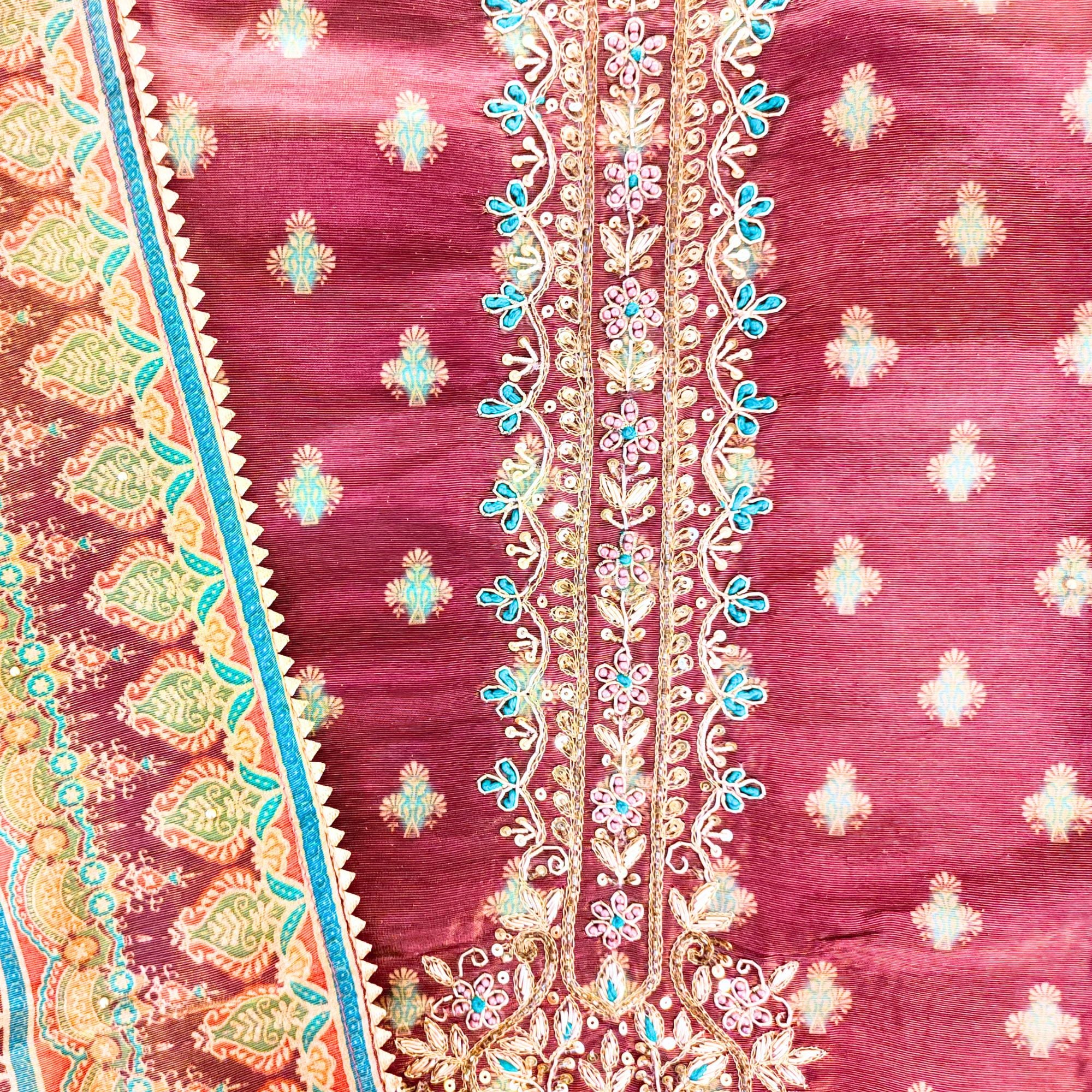 TISSUE SUIT WITH HAND EMBROIDER AND FLORAL PRINT KURTI