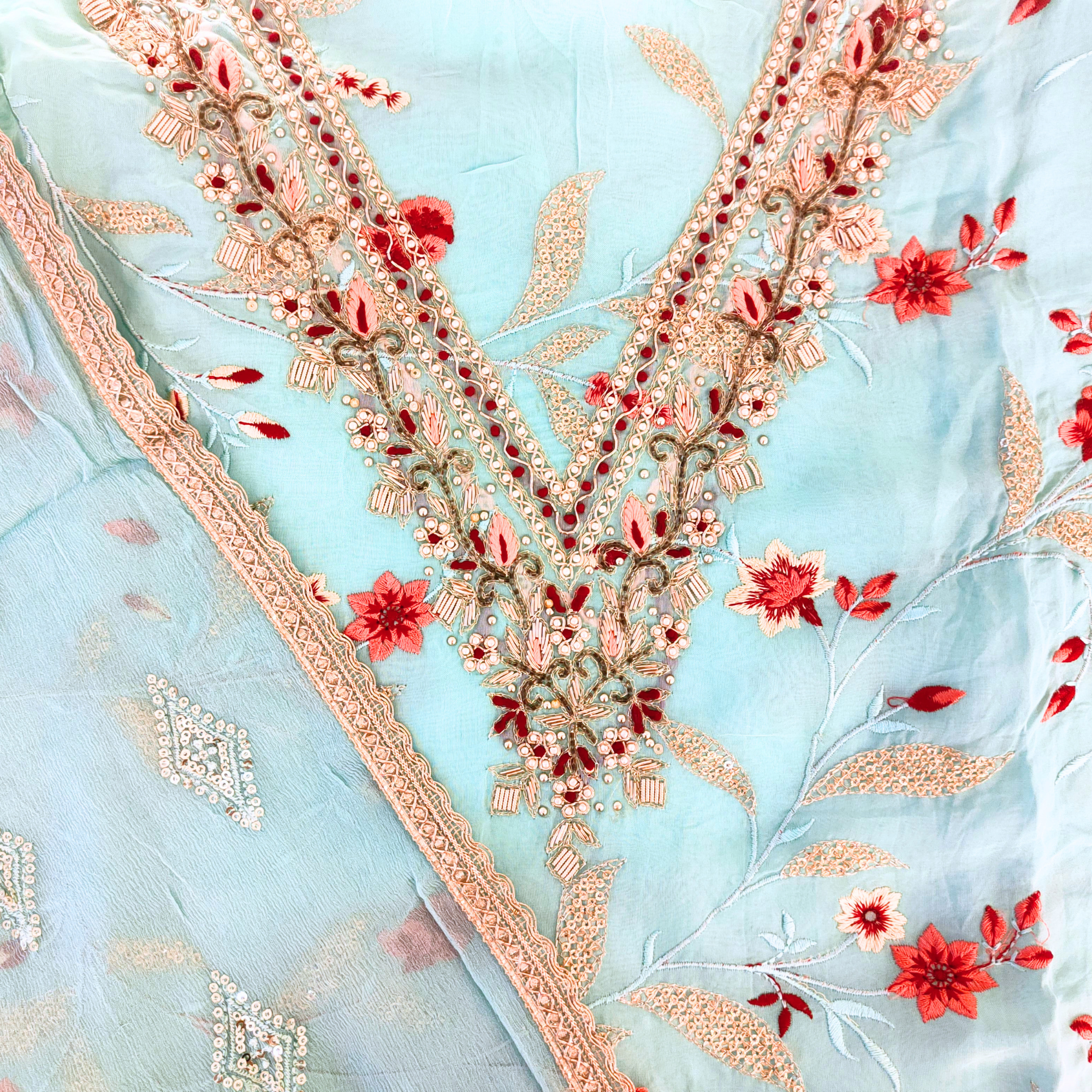 GEORGETTE SUIT WITH FULL HAND AND MACHINE EMBROIDERY