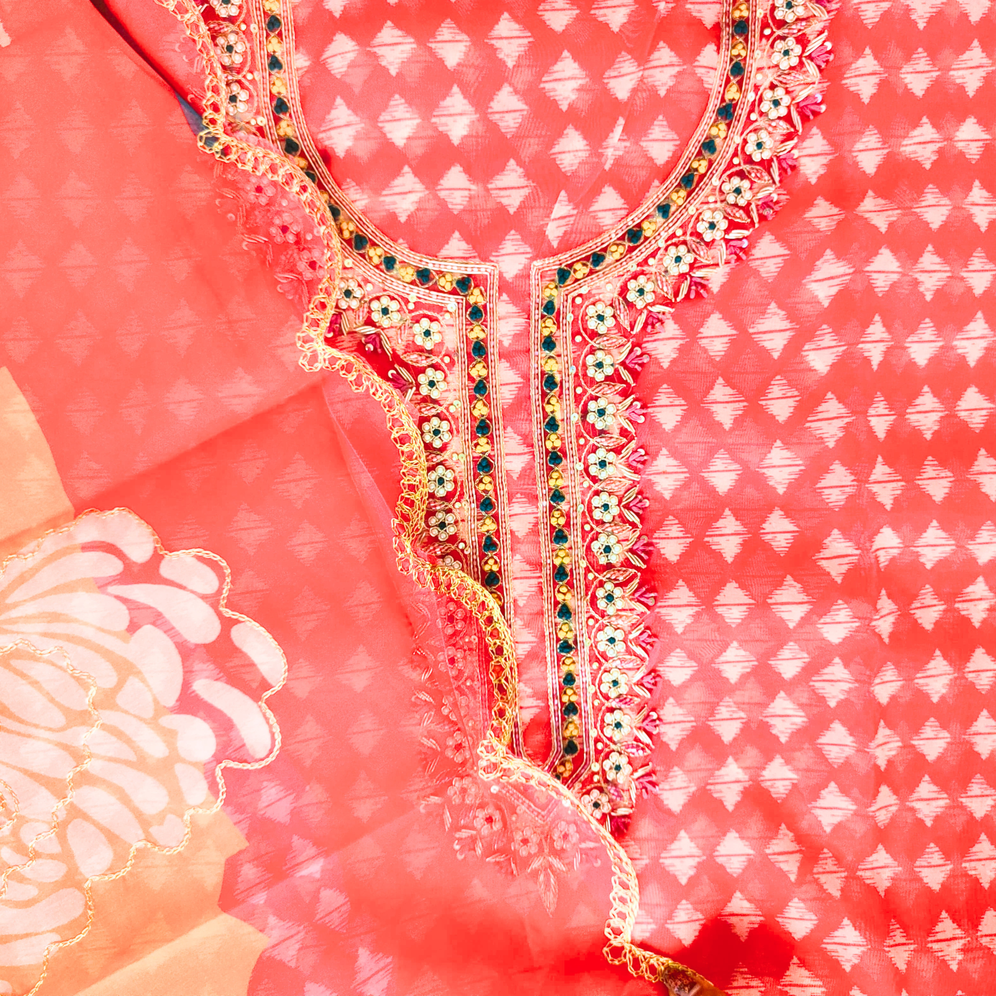 ORGANZA SUIT WITH HAND WORK  KURTA EMBROIDERY