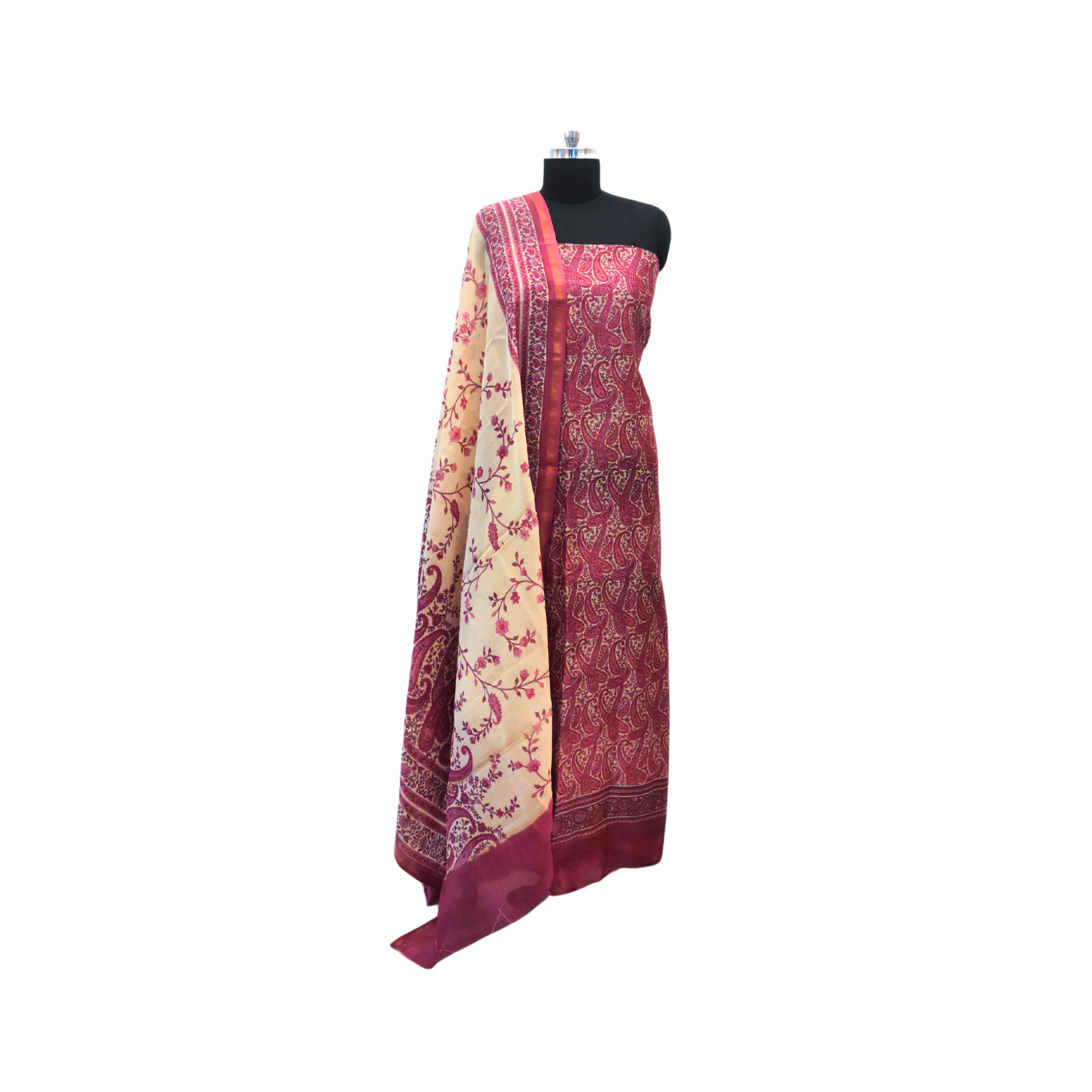 CHANDERI SUIT WITH FLORAL AND PAISLEY DESIGN