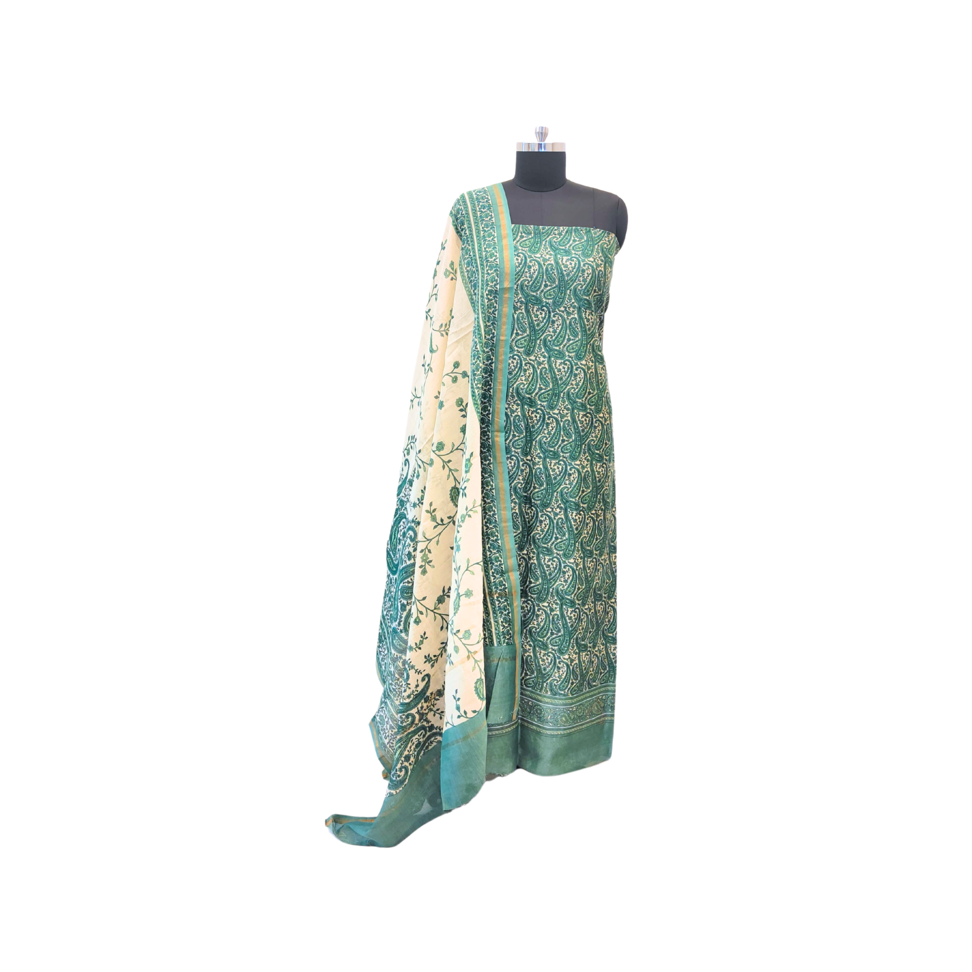 CHANDERI SUIT WITH FLORAL AND PAISLEY DESIGN
