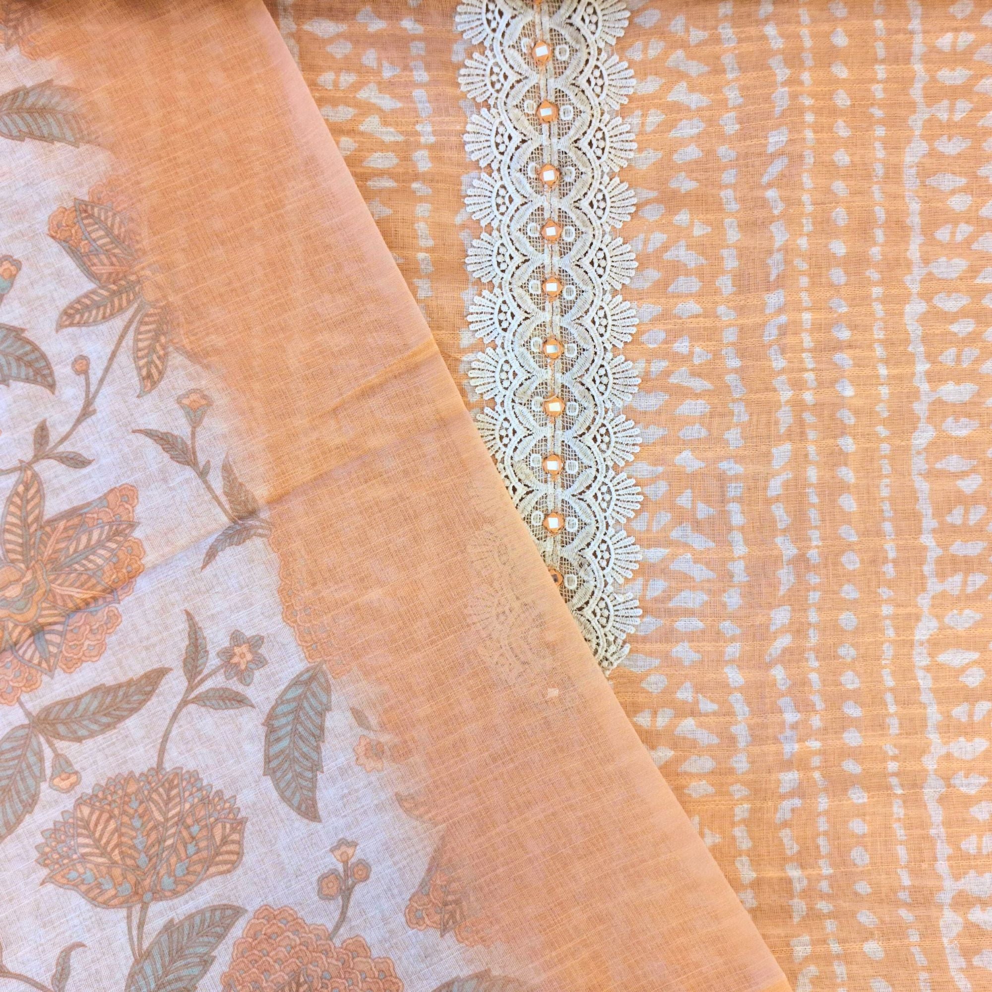 LINEN SUIT WITH MIRROR AND CROCHET WORK