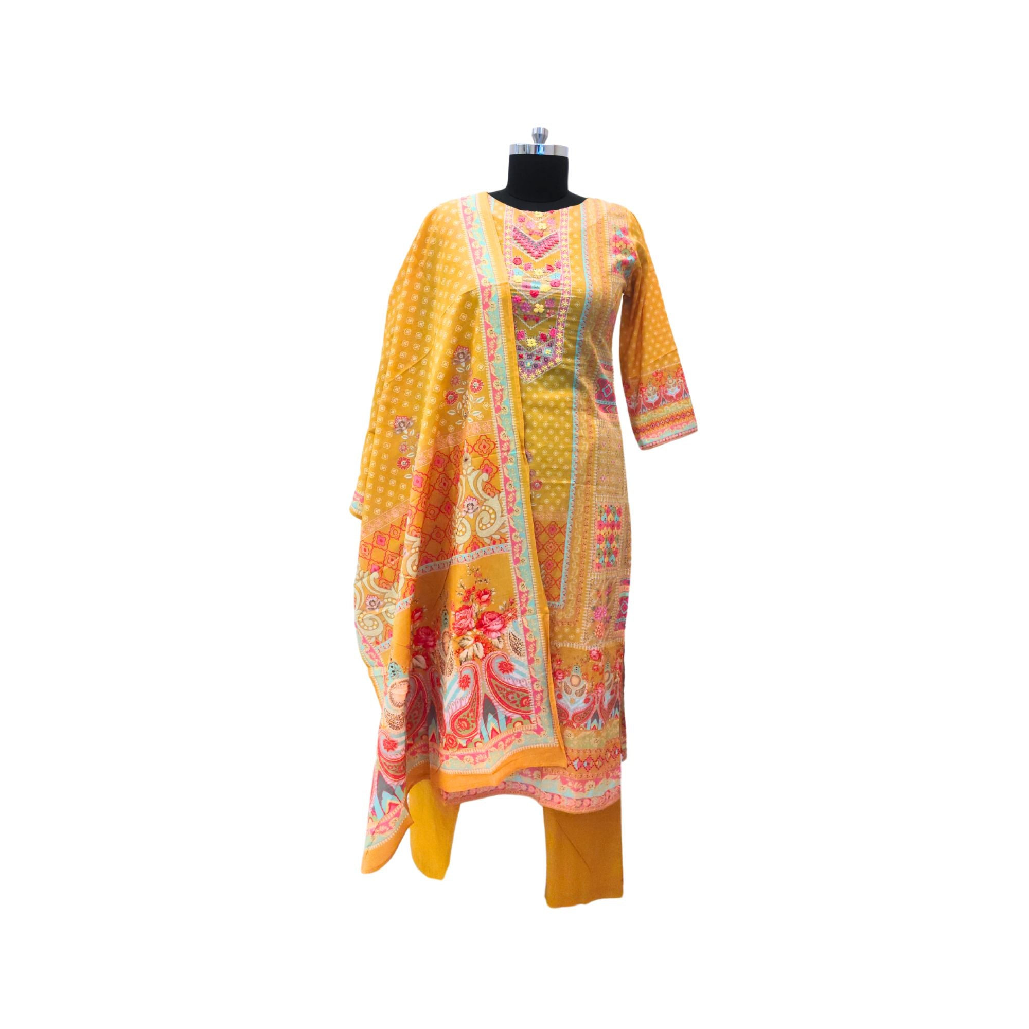 MUSLIN SUIT WITH MULTIPLE PRINTS