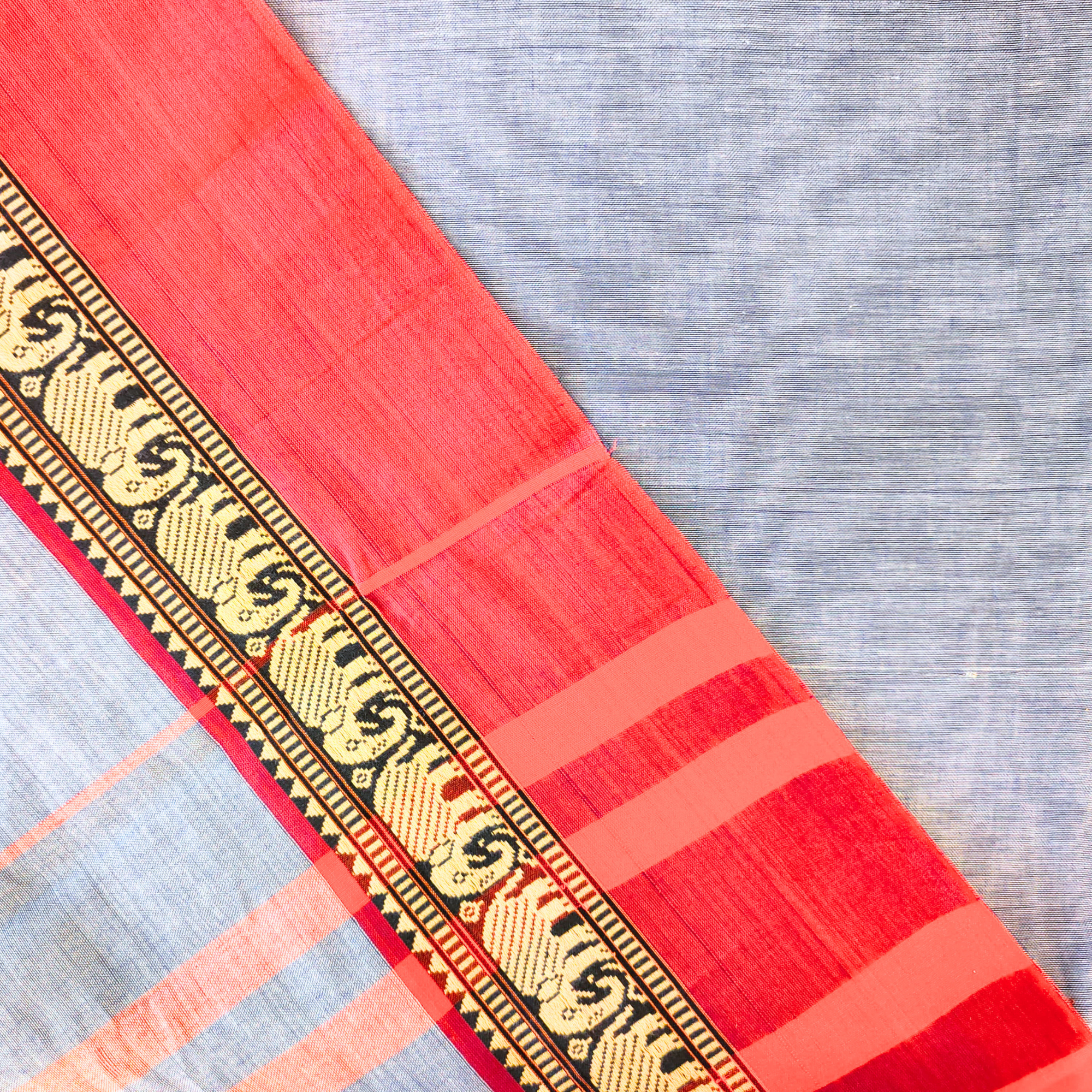SOUTH POCHAMPALLY SUIT PAIRED WITH RED AND GOLD ZARI BORDER
