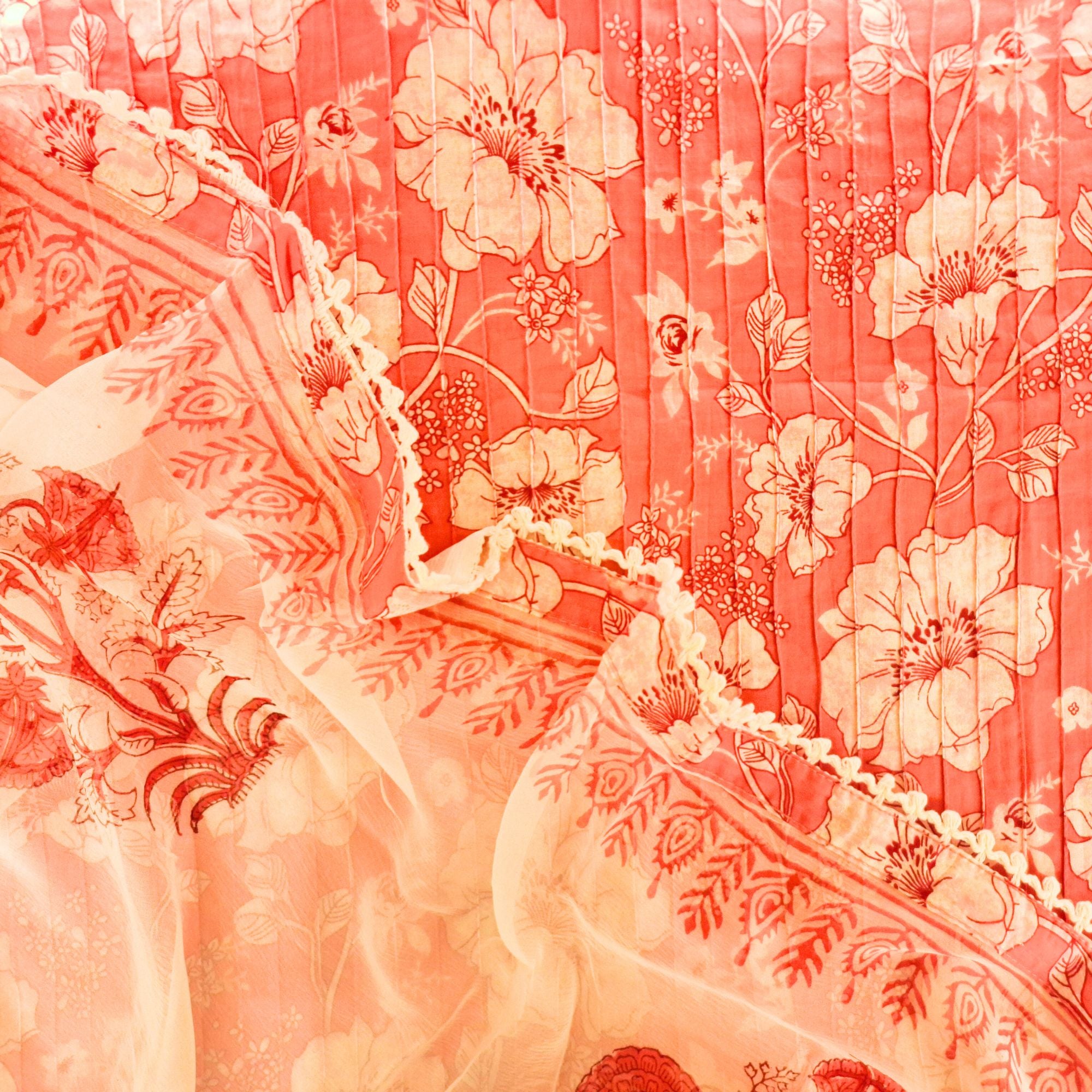 PEACH FLORAL PRINT PINTUCKS UNSTITCH SUIT