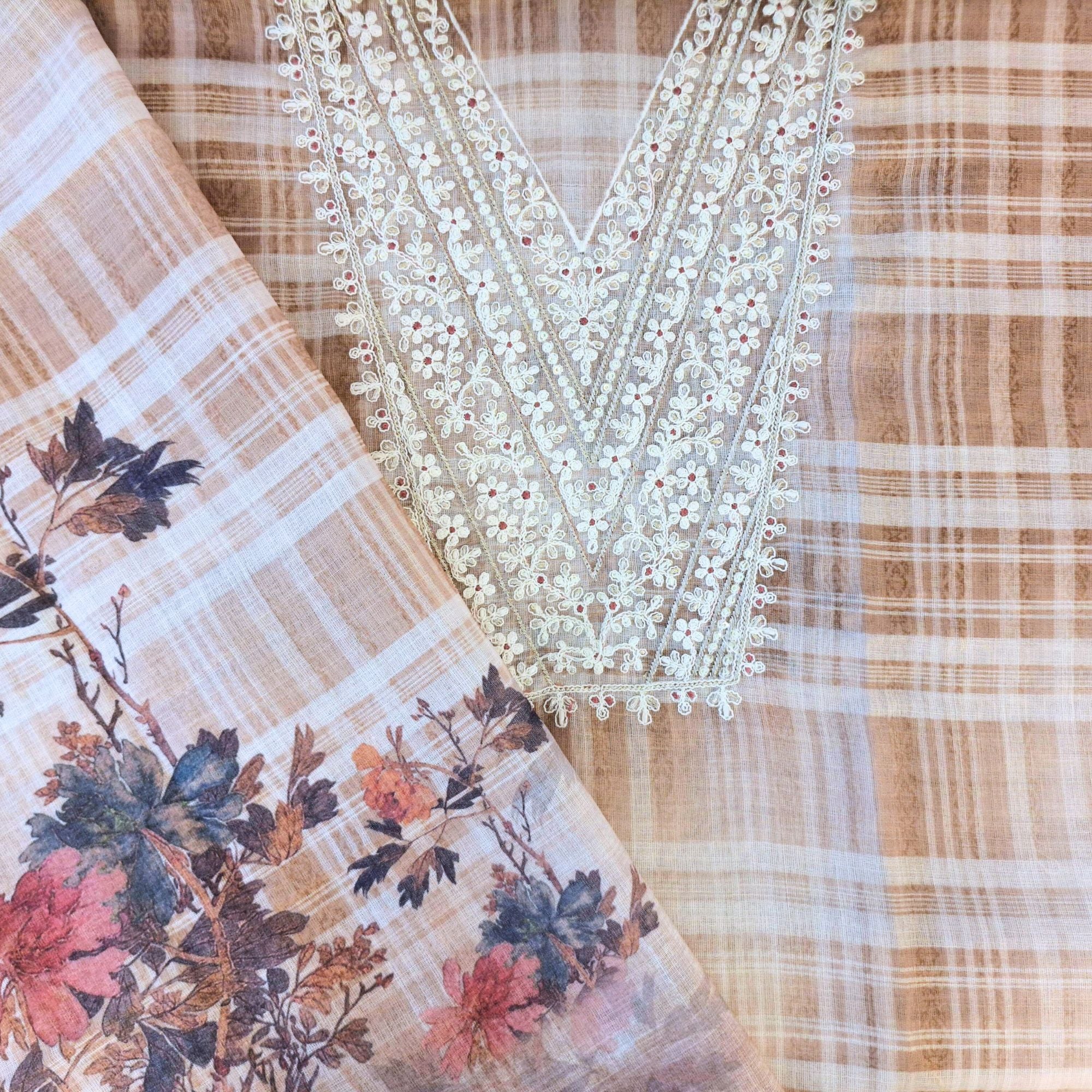 LINEN SUIT WITH CHECKED PATTERN AND CORD WORK