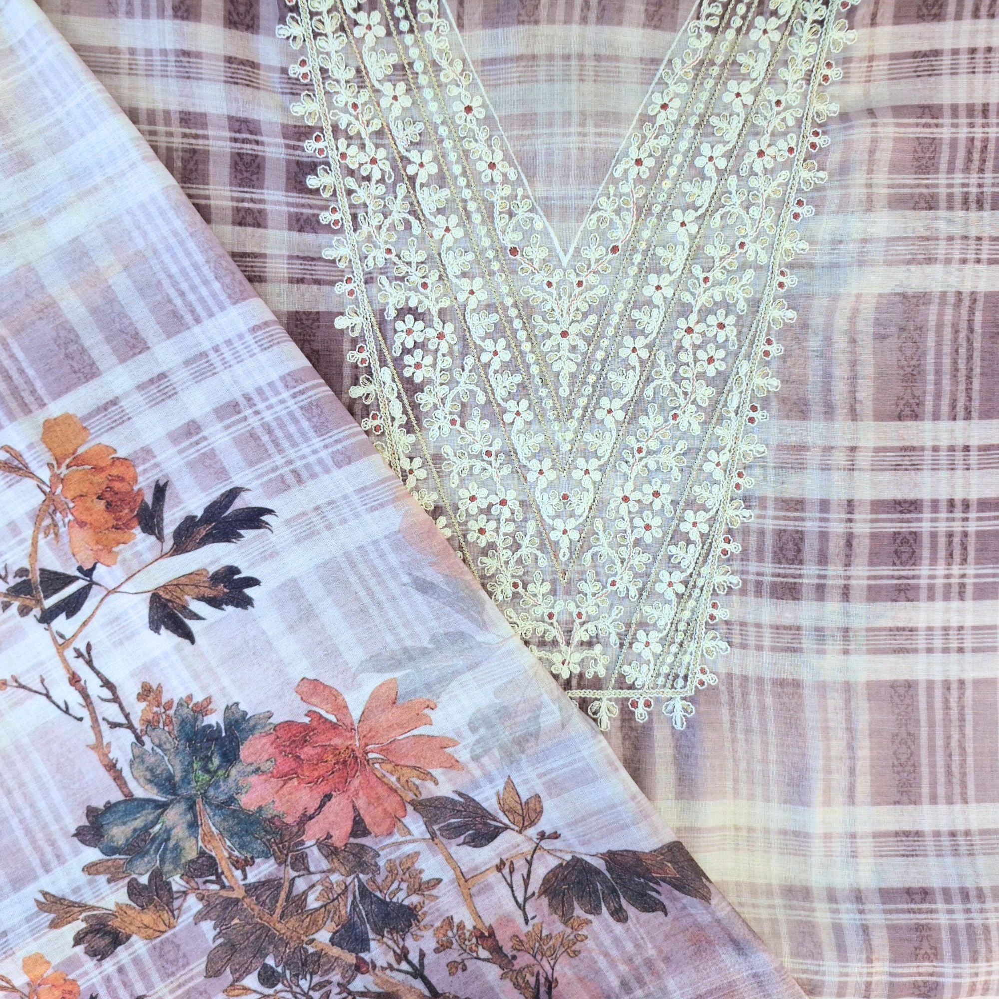 LINEN SUIT WITH CHECKED PATTERN AND CORD WORK