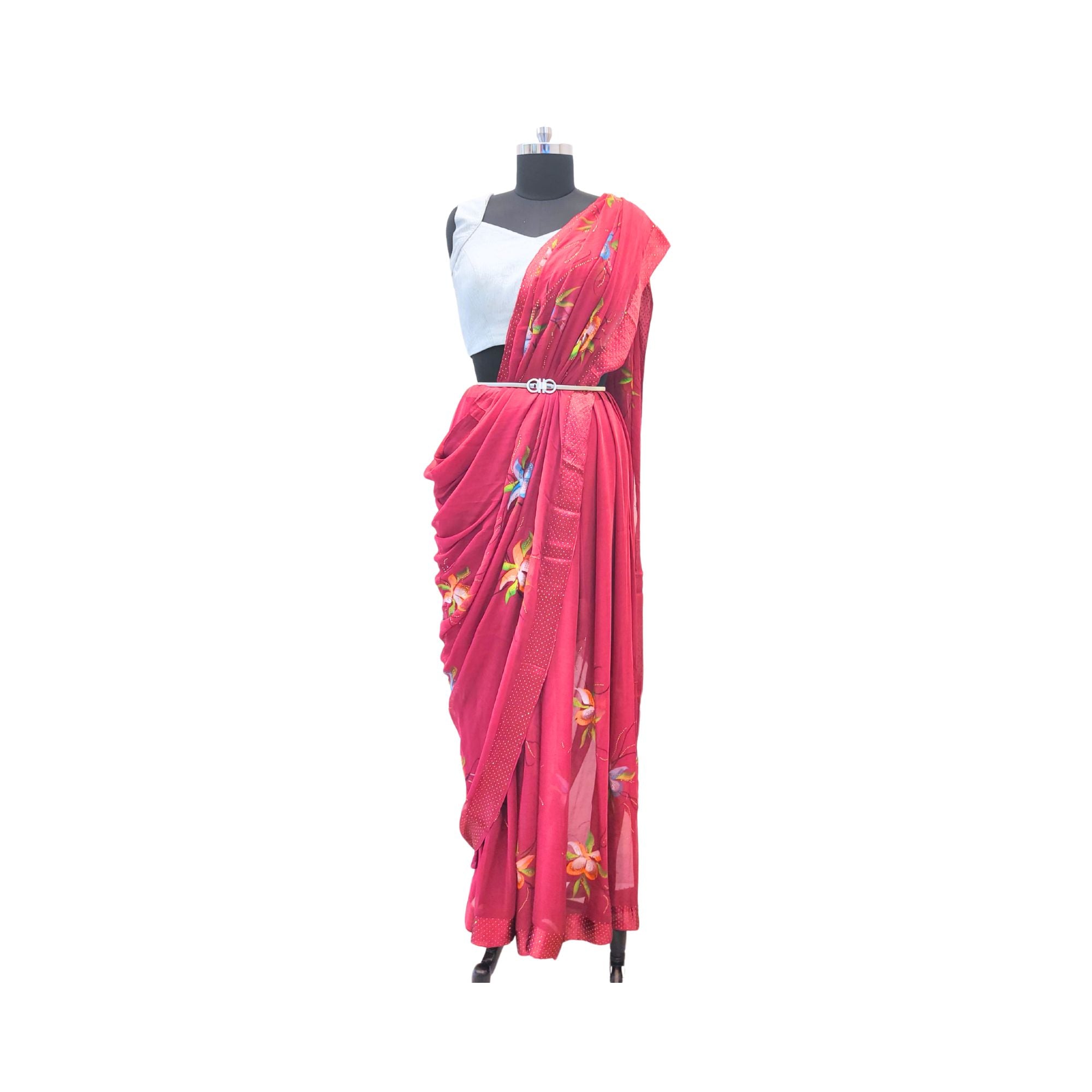 CHIFFON SAREE WITH HAND PAINT DESIGNS