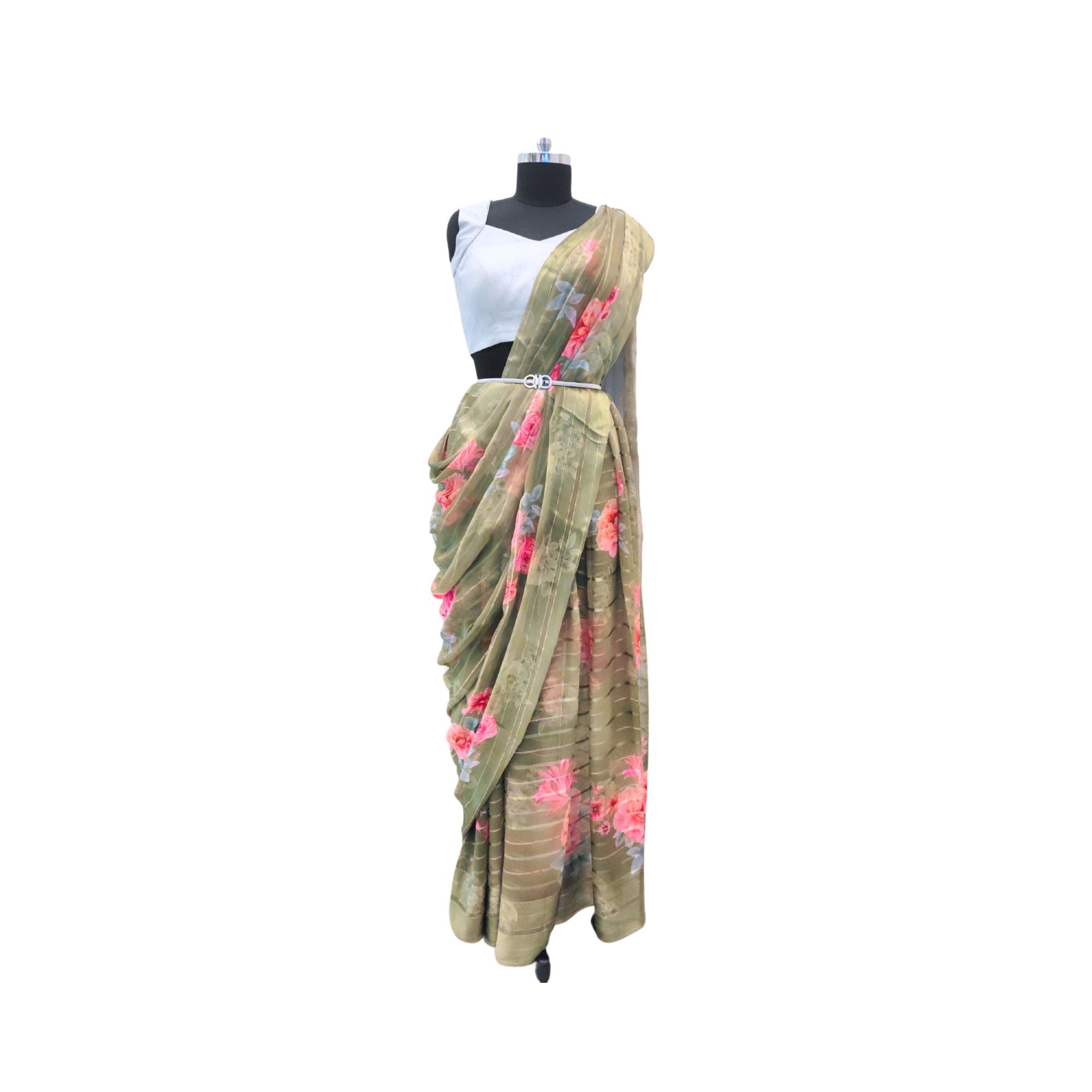 SOFT GREEN CHIFFON SAREE WITH BOLD PRINT