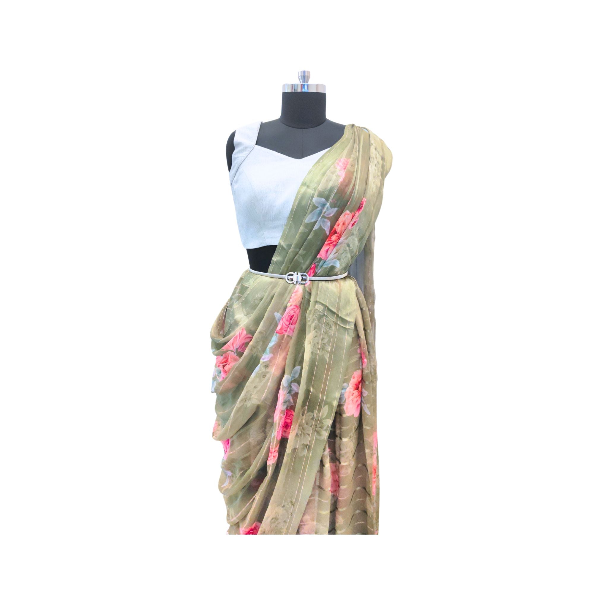 SOFT GREEN CHIFFON SAREE WITH BOLD PRINT