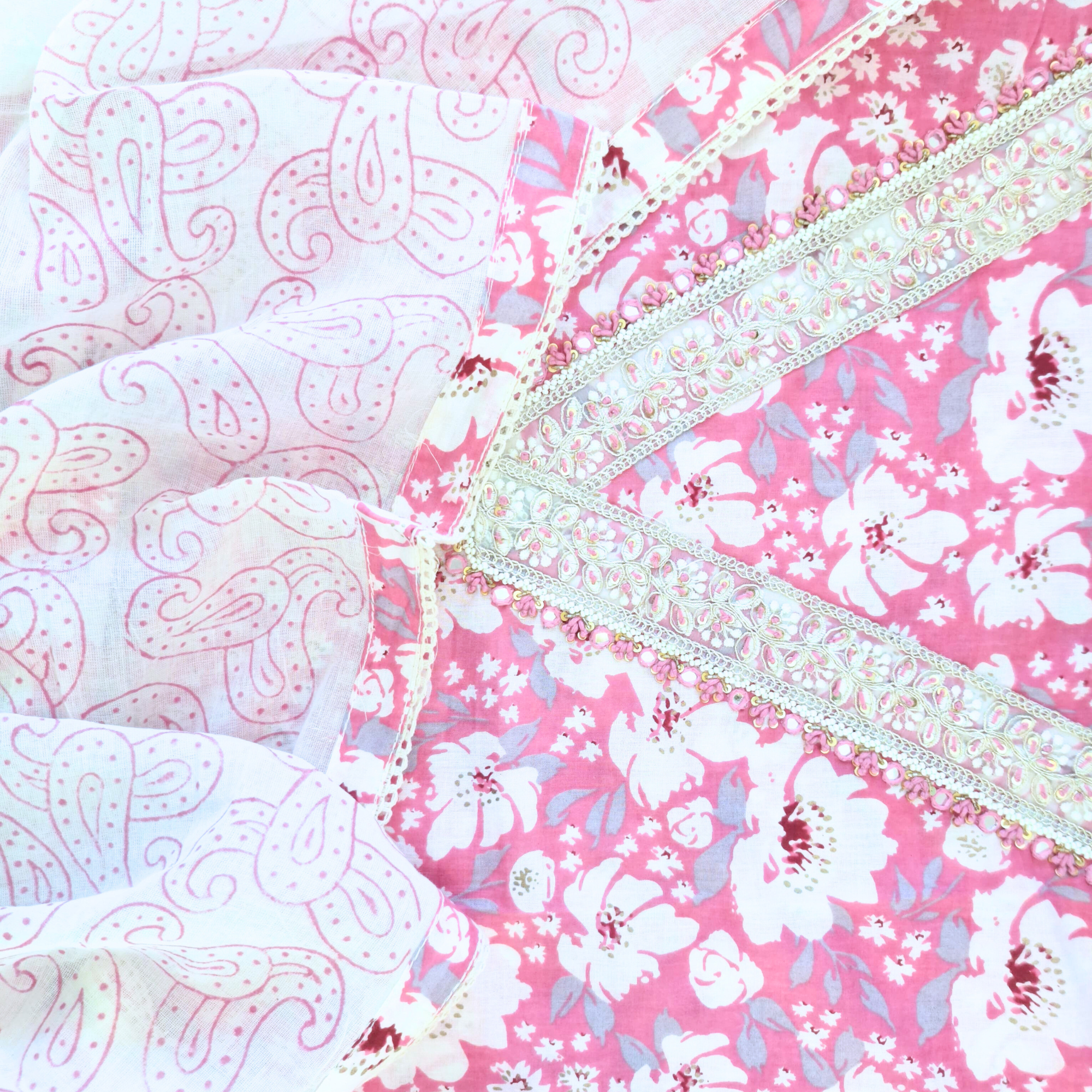 PINK V NECK EMBROIDER COTTON UNSTITCHED SUIT