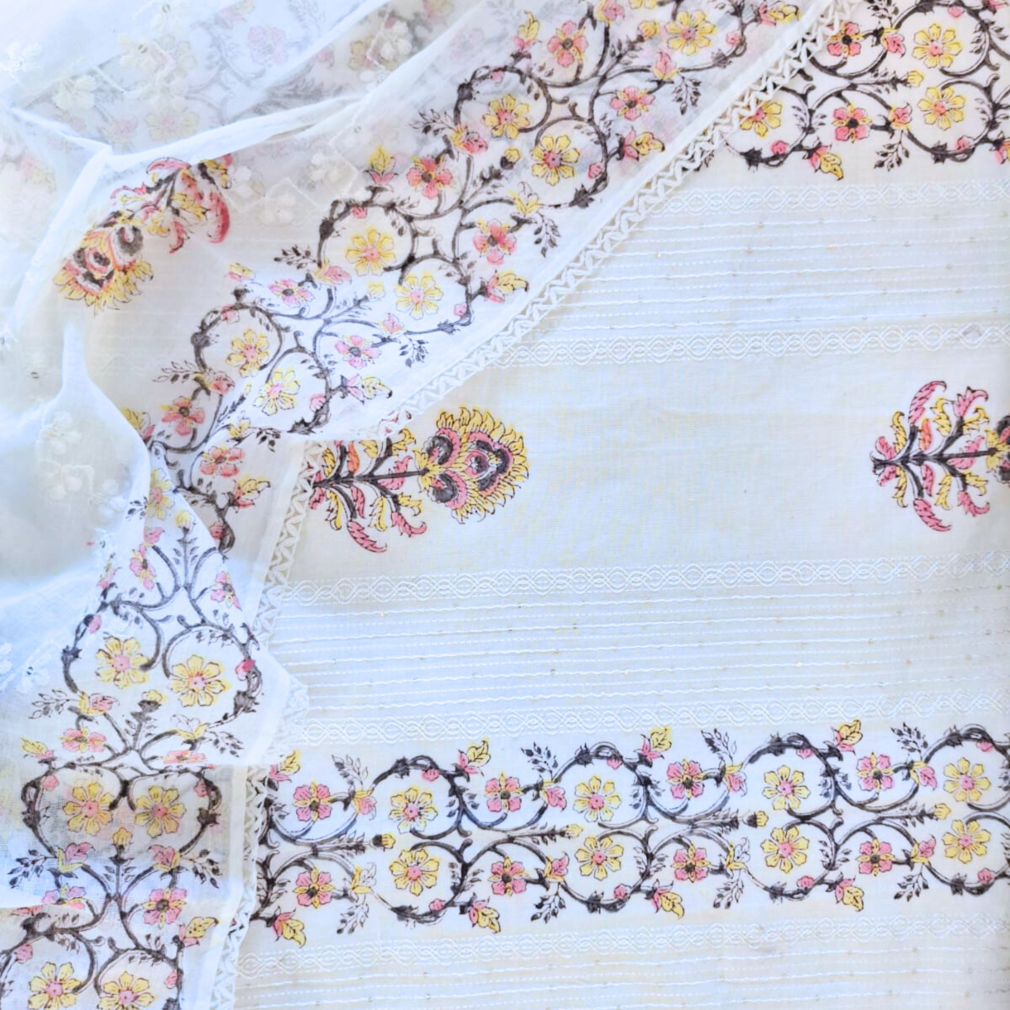 OFF WHITE MACHINE THREAD EMBROIDER UNSTITCHED SUIT