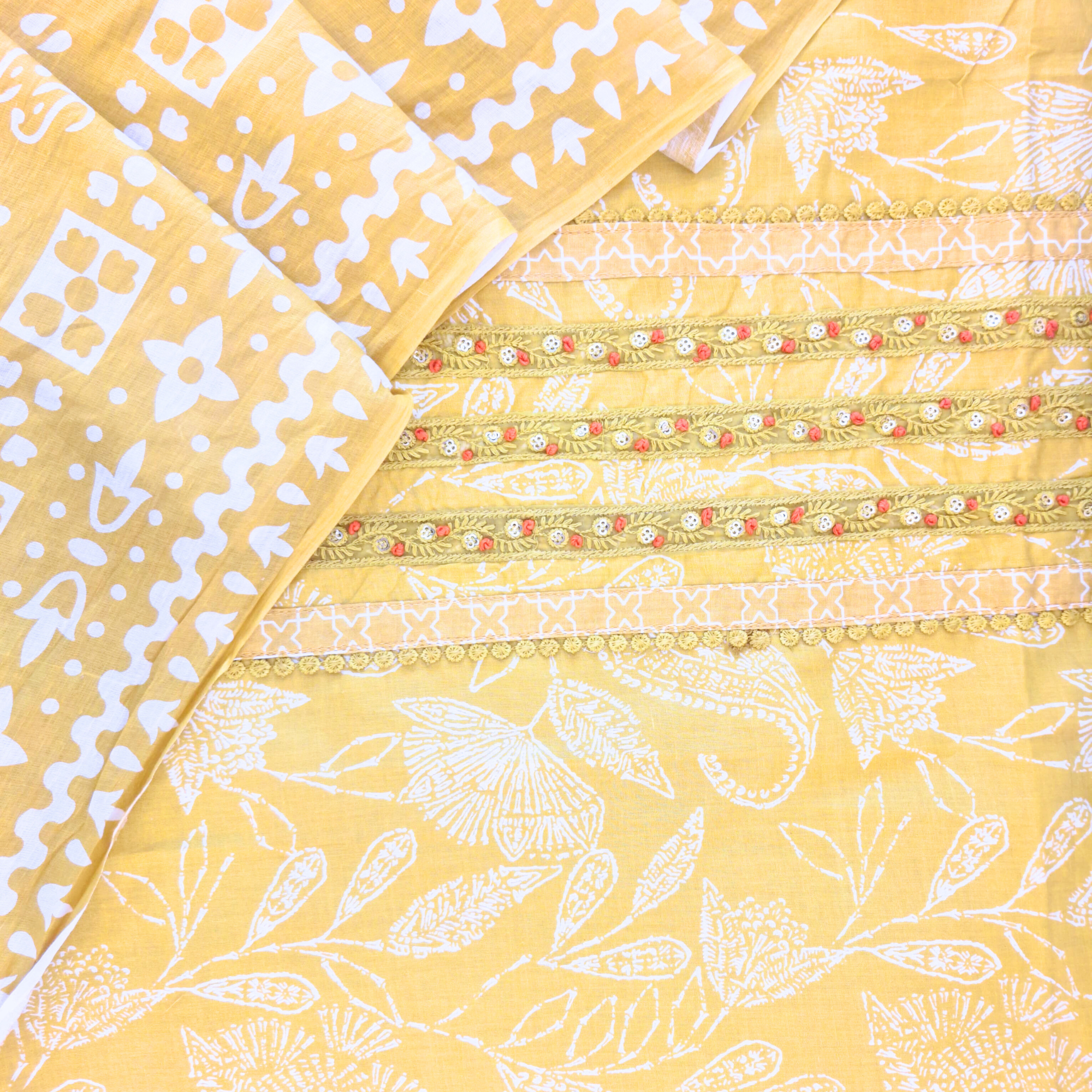 MUSTARD YELLOW MACHINE EMBROIDERY COTTON UNSTITCHED SUIT