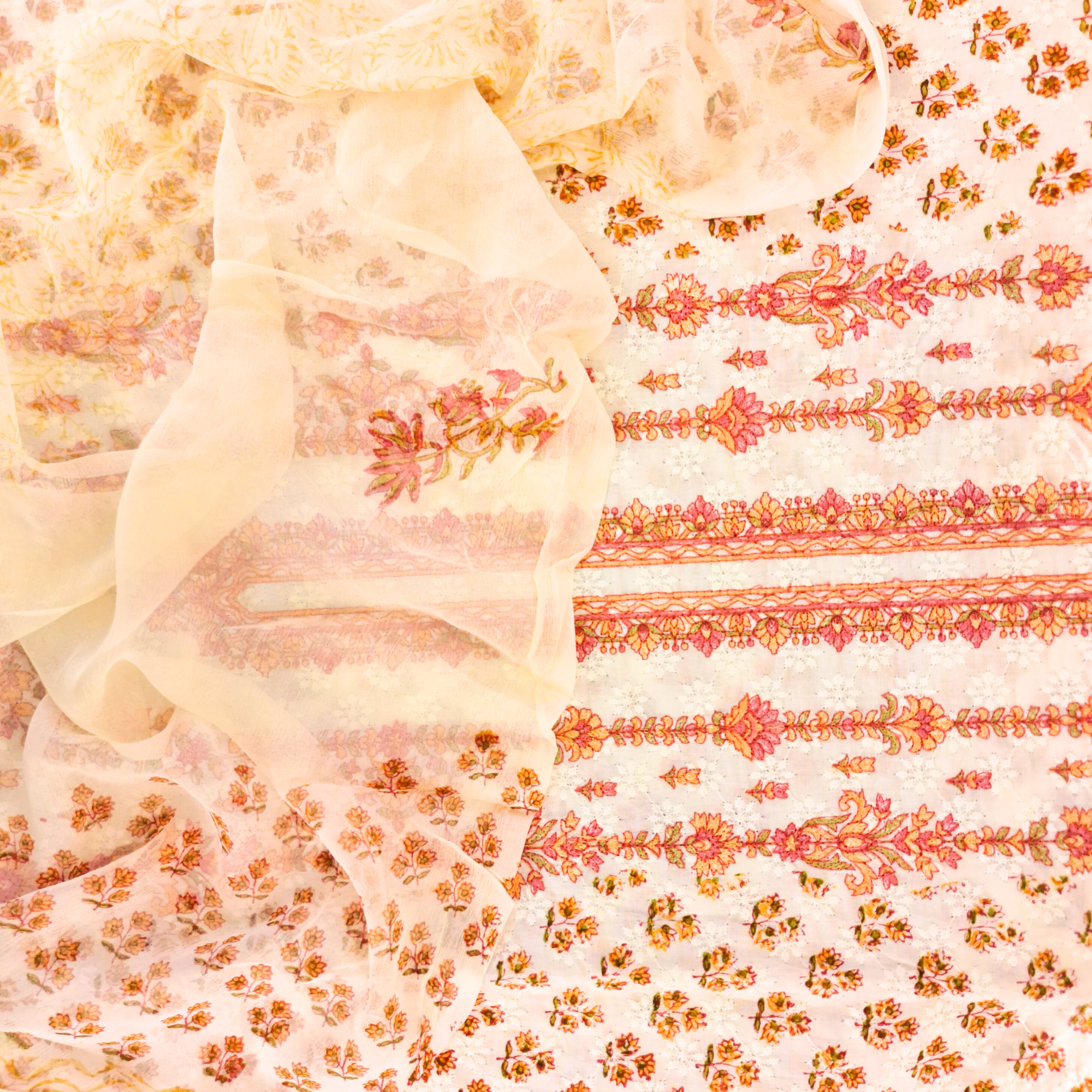 PEACH MACHINE EMBROIDER UNSTITCHED COTTON SUIT