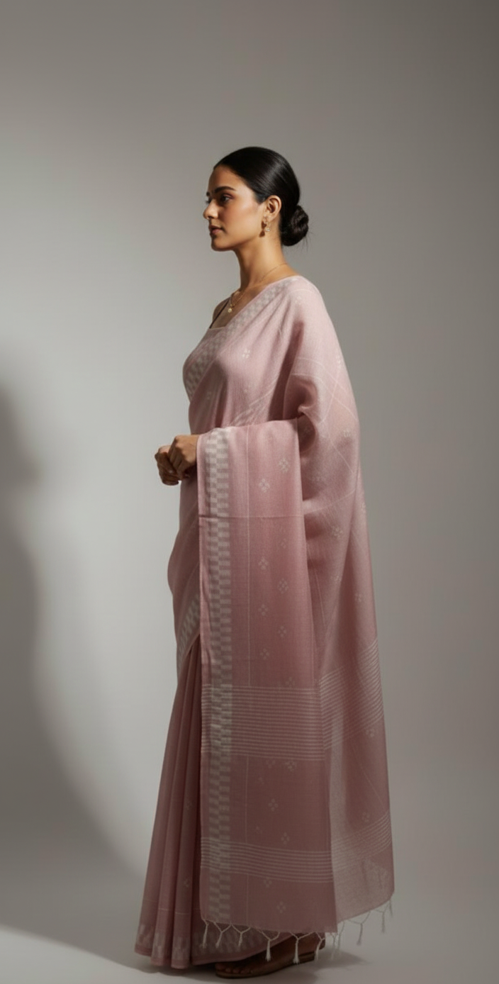 Modern geometry on classic linen, completed with a lightweight chiffon dupatta.