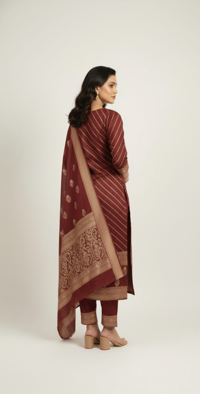 Brocade suit with intricate jal weaving, paired with a brocade dupatta — elegant suits for women.