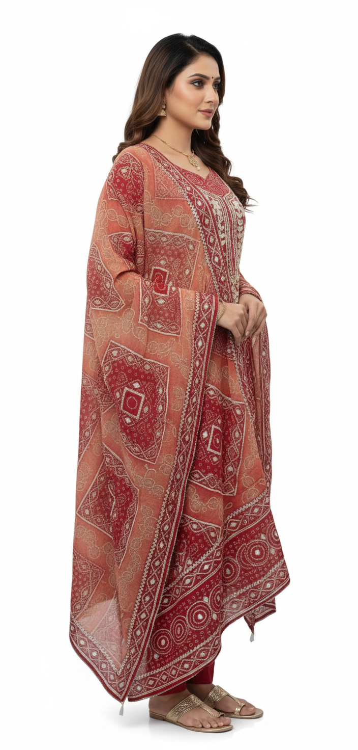 ie tradition with style — Bandhani printed crepe suit for effortless elegance. Suits for women.