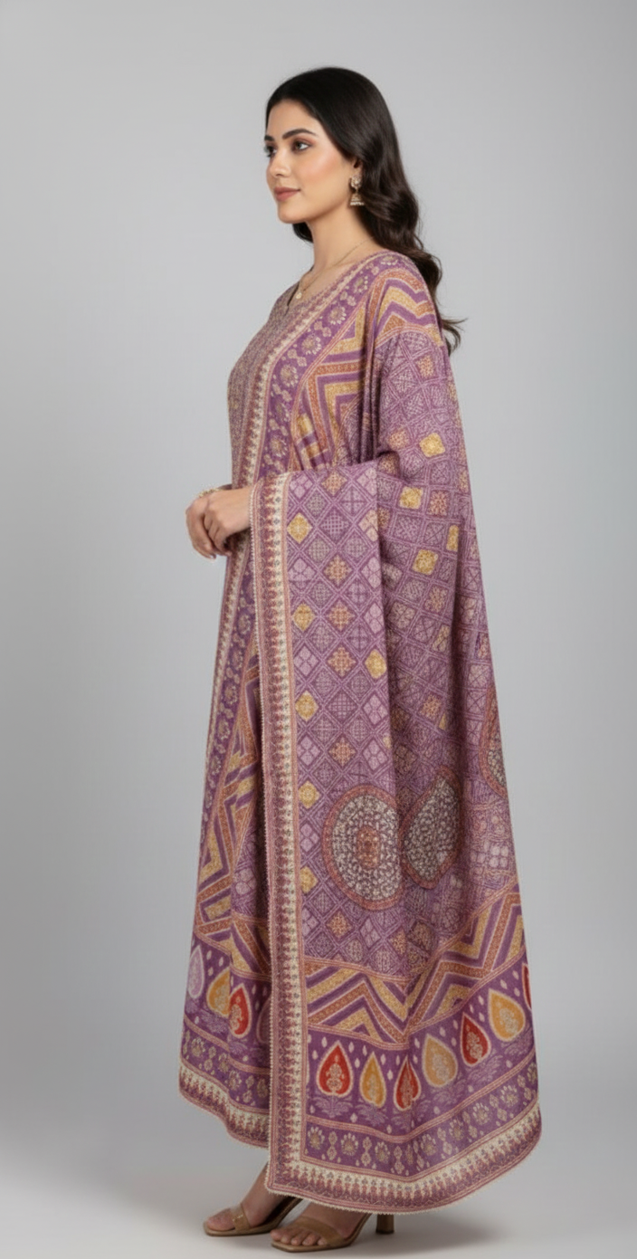Delicate hand embroidery and floral prints on tissue fabric, complemented by a printed gota lace dupatta — stylish suits for women.