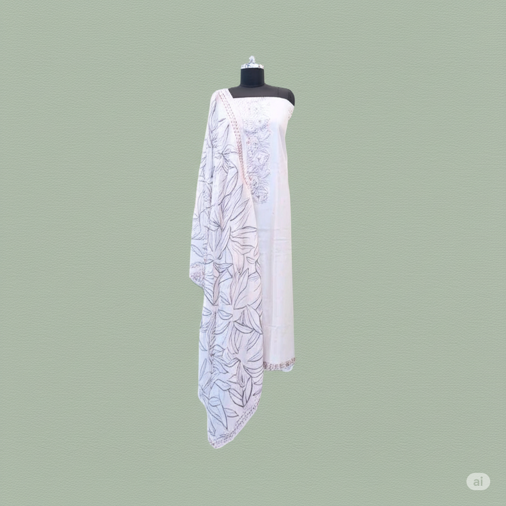 WHITE DIGITAL PRINT GLACE COTTON UNSTITCHED SUIT