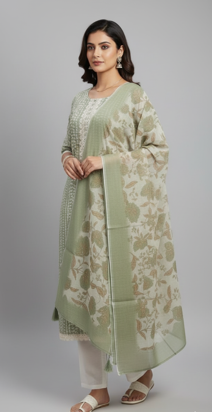 Linen suit with intricate mirror and crochet work, paired with a floral linen dupatta — timeless elegance in suits for women.