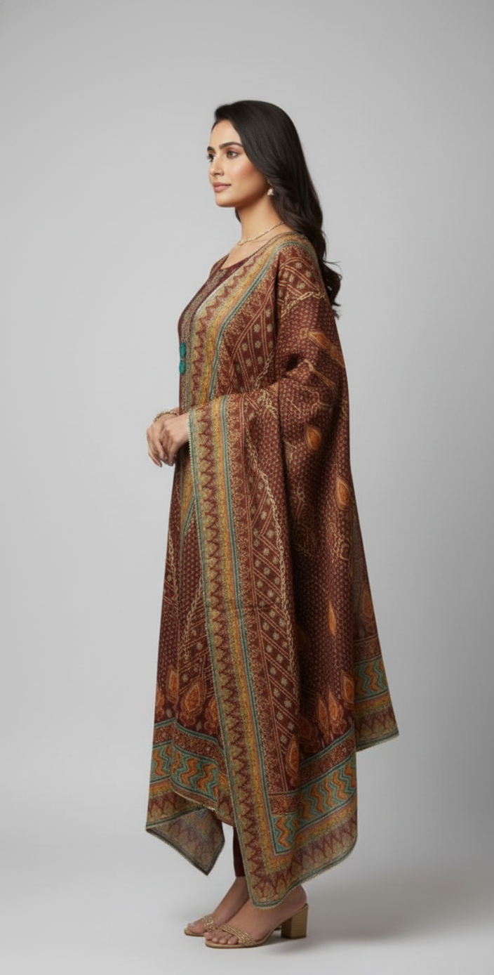 Delicate hand embroidery and floral prints on tissue fabric, complemented by a printed gota lace dupatta — stylish suits for women.