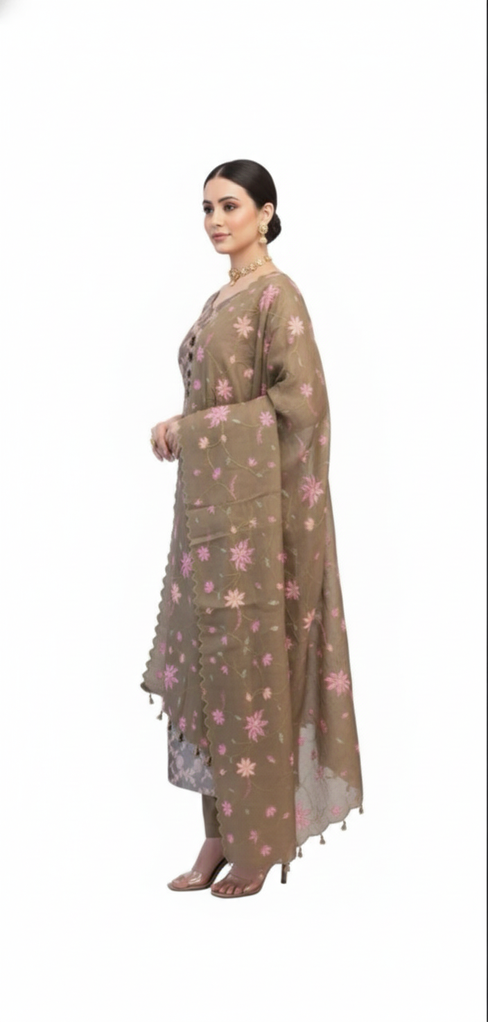 Opulent brocade suit adorned with jal patterns, paired with a delicately embroidered tissue dupatta.