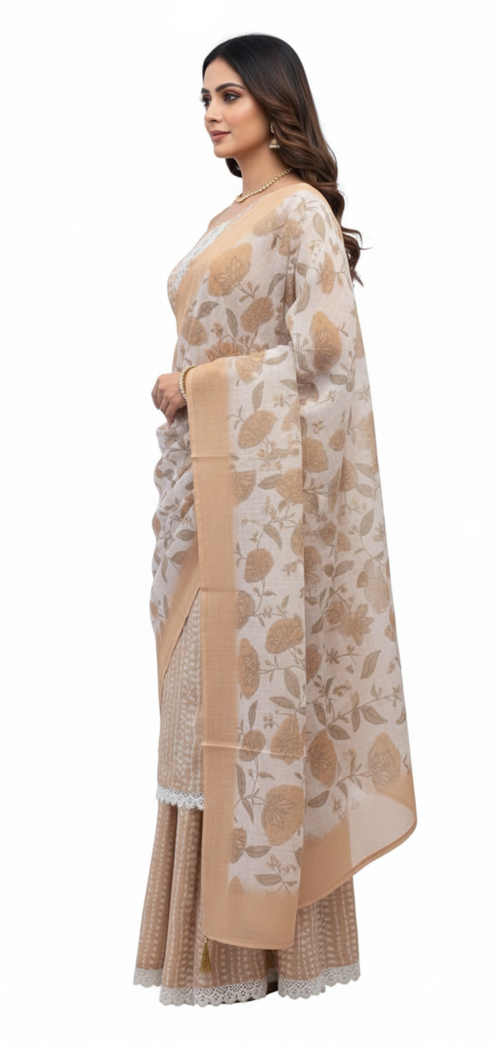 Linen suit with intricate mirror and crochet work, paired with a floral linen dupatta — timeless elegance in suits for women.