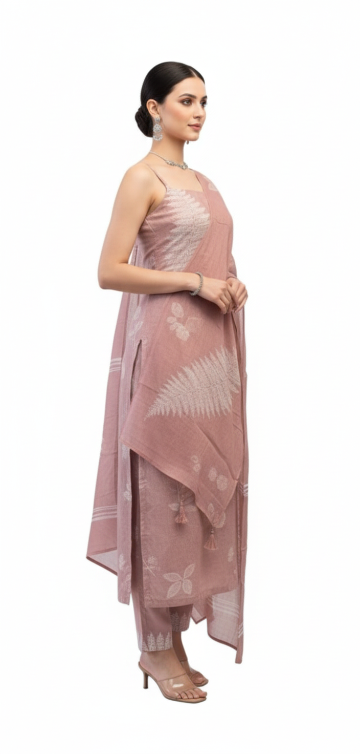 Linen suit with natural patterns paired with a soft chiffon dupatta — effortless charm in casual suits for women.