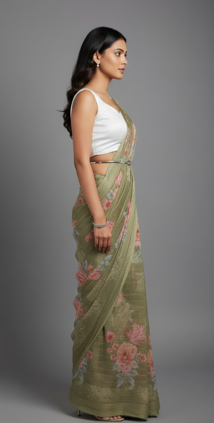 Stand out in style – Soft Green Chiffon Saree with striking prints, perfect sarees for women.
