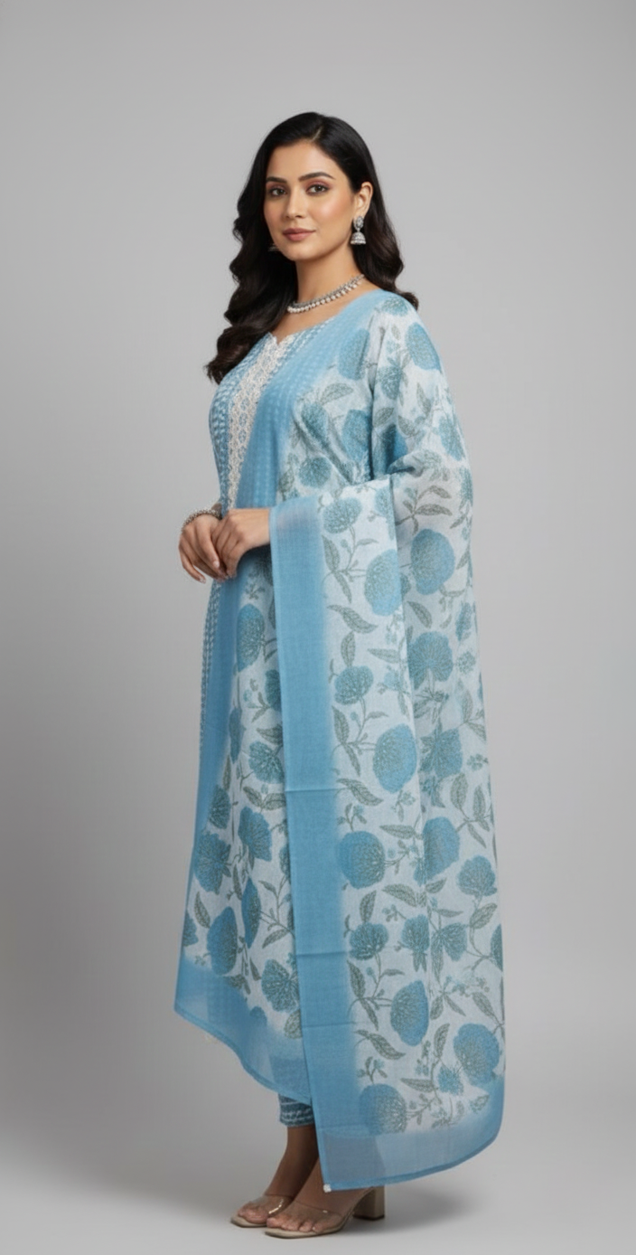 Linen suit with intricate mirror and crochet work, paired with a floral linen dupatta — timeless elegance in suits for women.