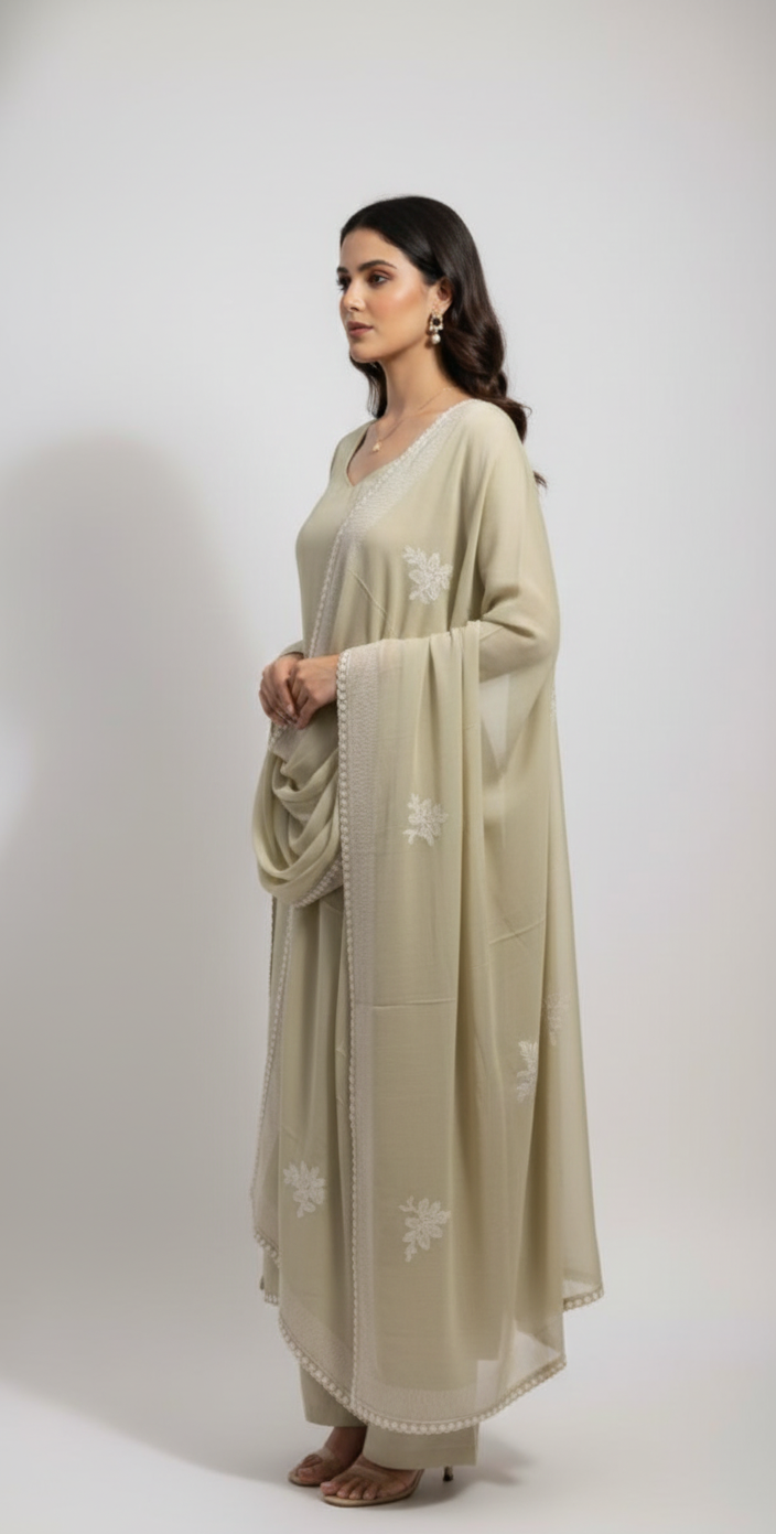Muslin suit with intricate machine embroidery, paired with a muslin dupatta featuring delicate thread work lace — elegant and graceful.