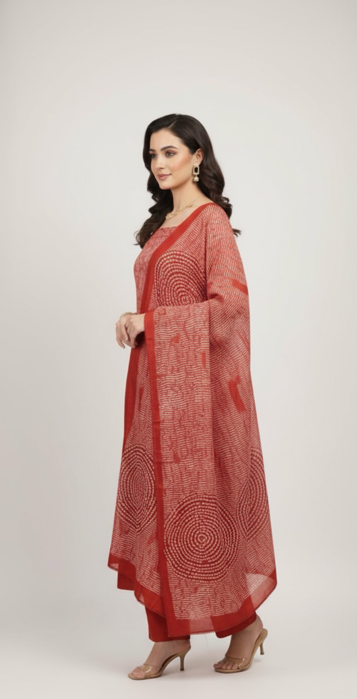 Soft muslin suit with elegant Shibori-style yoke, paired with a full Shibori dupatta — effortlessly chic