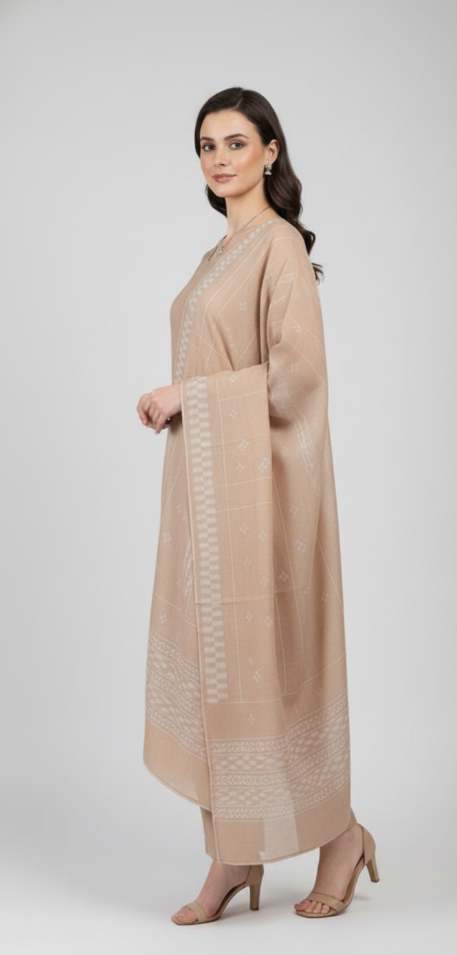 Modern geometry on classic linen, completed with a lightweight chiffon dupatta.
