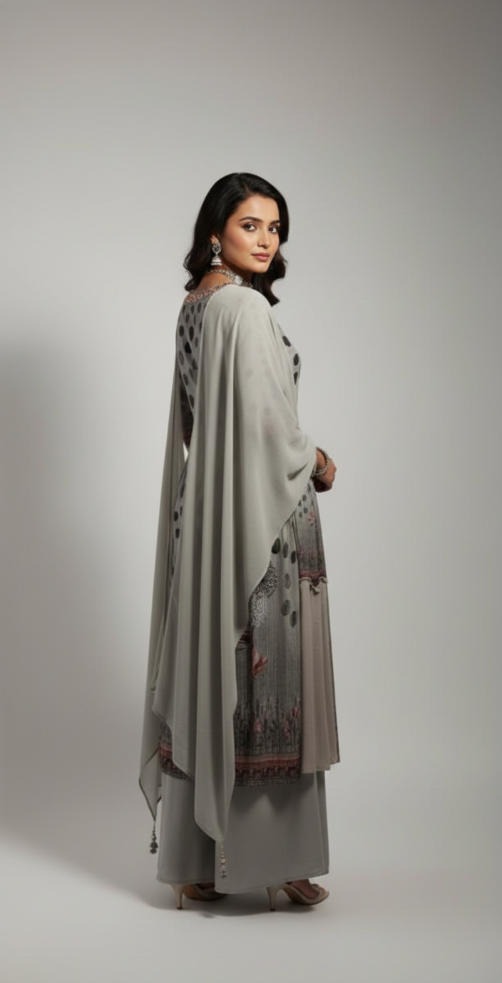 Elegant, edgy, and ready-to-wear — georgette set with dazzling neckline embellishments. Trending suits for women.