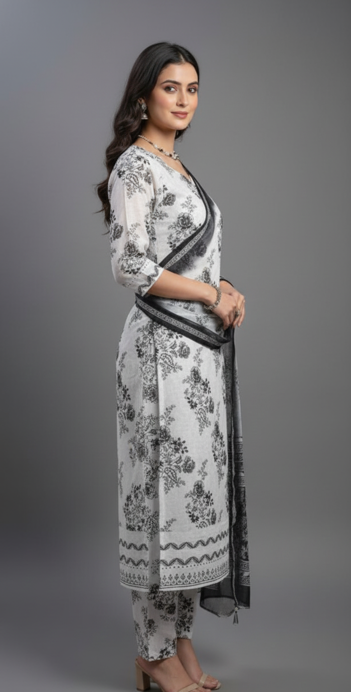 Delicate machine embroidery in classic white — perfect suit for women