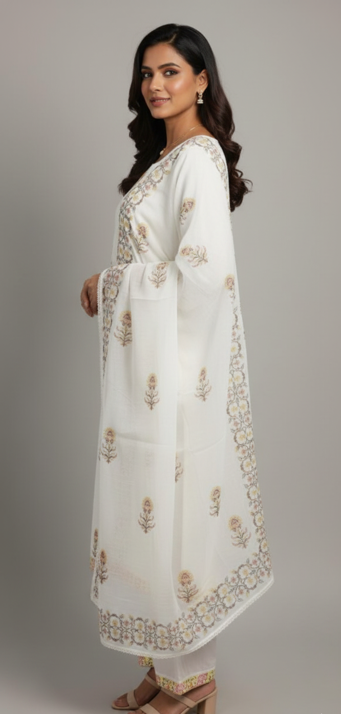 Off-White Unstitched Suit with Fine Machine Thread Embroidery – Stylish Suits for Women