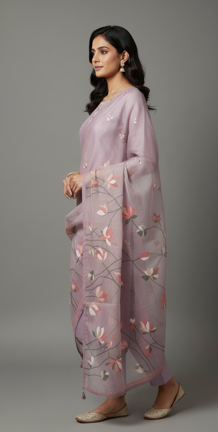 MUSLIN SUIT WITH FLORAL MACHINE EMBROIDERY