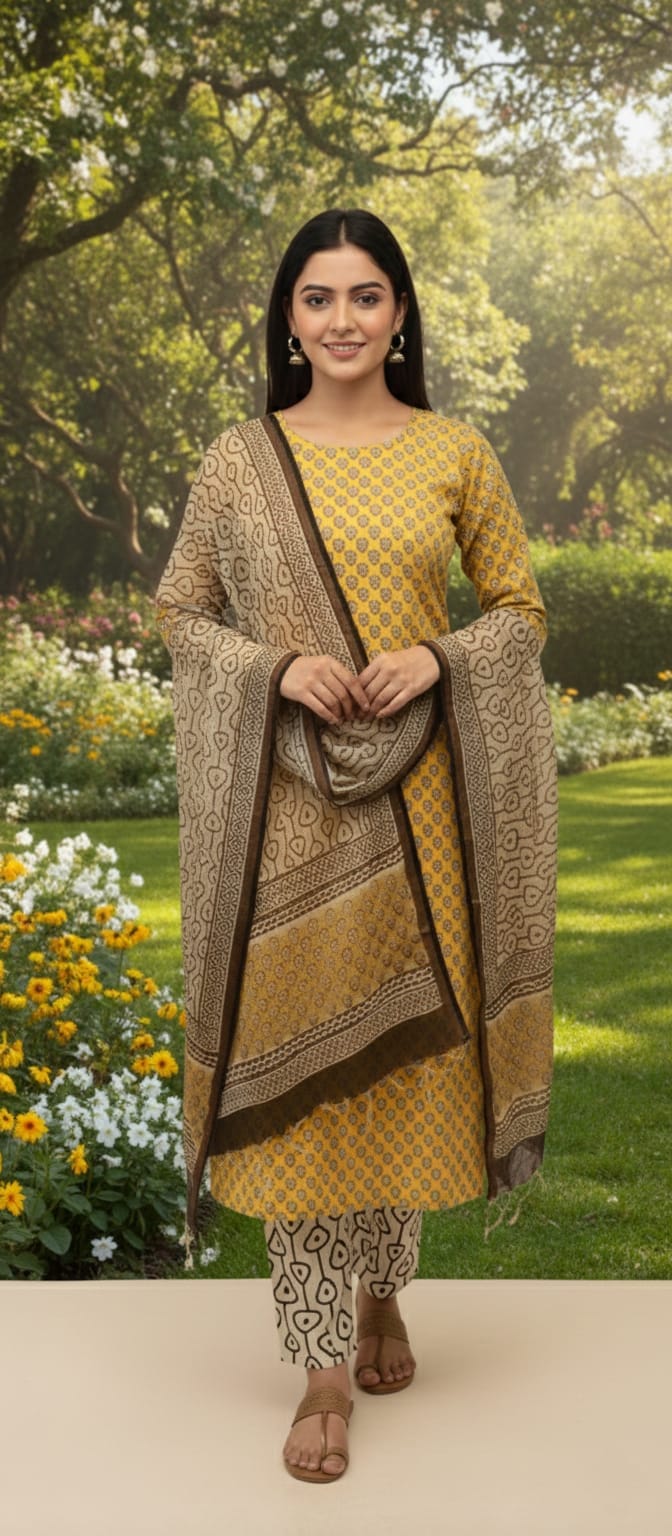 Elegance in Every Thread – Bagru Print Chanderi Unstitched Suit