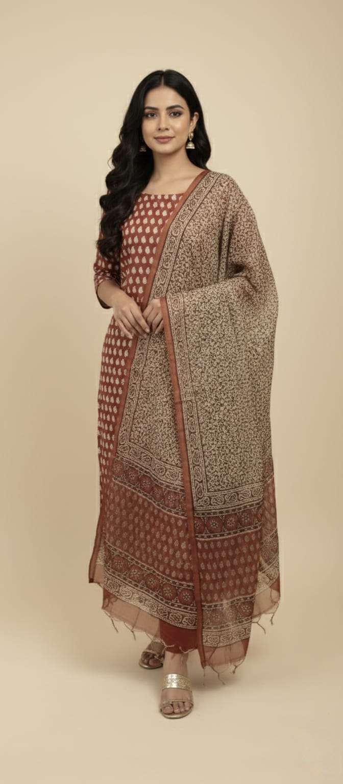 Rust Royale – Premium Cotton Suit with Elegant Kota Doria Dupatta