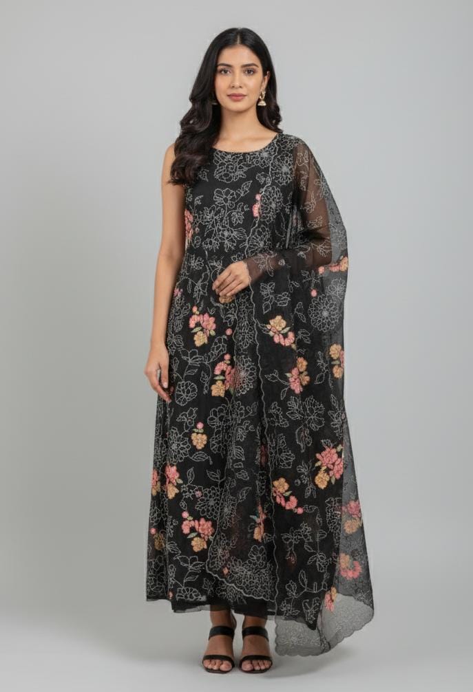 CRUSH ORGANZA UNSTITCH SUIT HIGHLIGHT WITH MACHINE EMBROIDERY