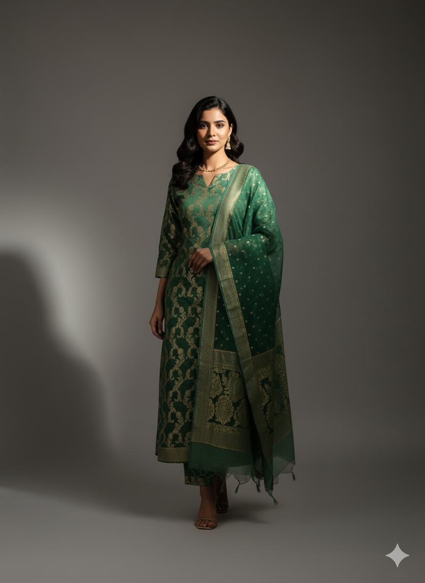 KHADDI GEORGETTE UNSTITCH SUIT HIGHLIGHT WITH AADA JAL WEAVING