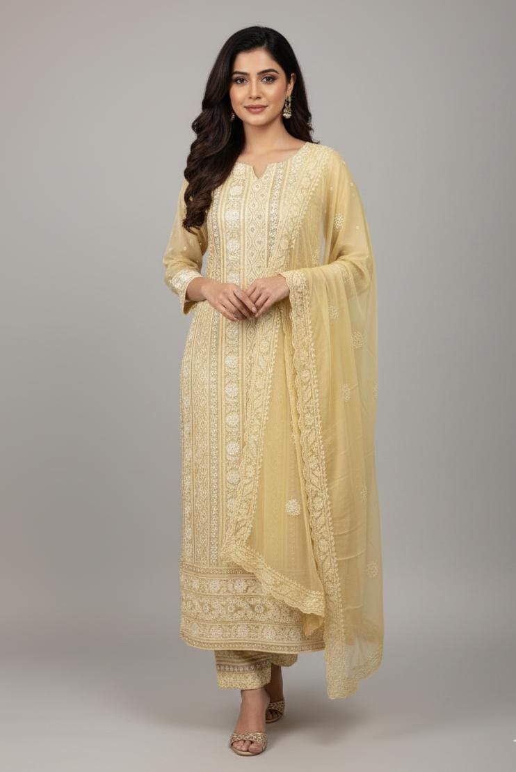 LUCKNOWI  UNSTITCH SUIT HIGHLIGHT WITH MOTI WORK