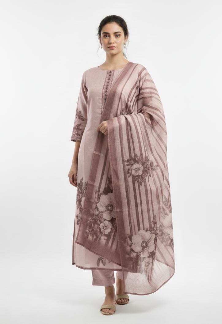 TISSUE LINEN UNSTITCH SUIT HIGHLIGHT WITH FRENCH KNOT EMBROIDERY