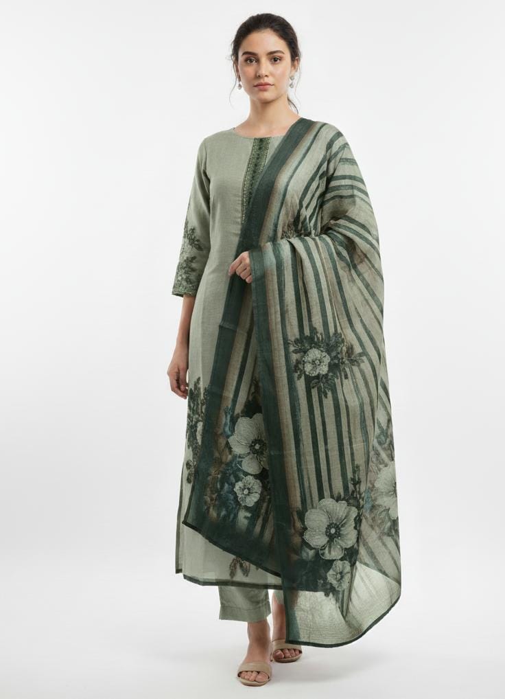 TISSUE LINEN UNSTITCH SUIT HIGHLIGHT WITH FRENCH KNOT EMBROIDERY