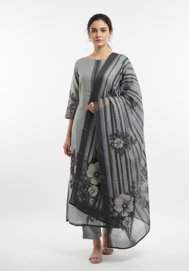 TISSUE LINEN UNSTITCH SUIT HIGHLIGHT WITH FRENCH KNOT EMBROIDERY