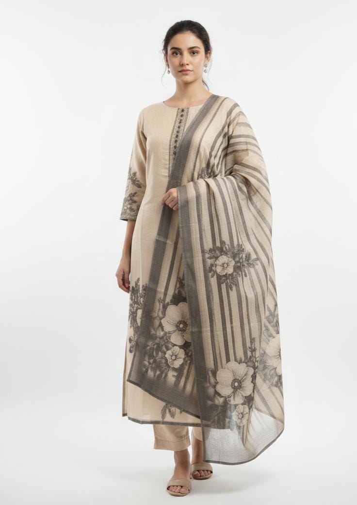 TISSUE LINEN UNSTITCH SUIT HIGHLIGHT WITH FRENCH KNOT EMBROIDERY