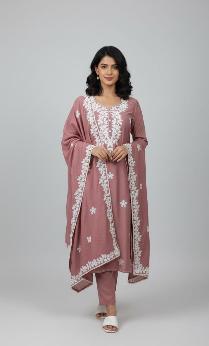 COTTON UNSTITCH SUIT, HIGHLIGHT WITH MACHINE THREAD EMBROIDERY