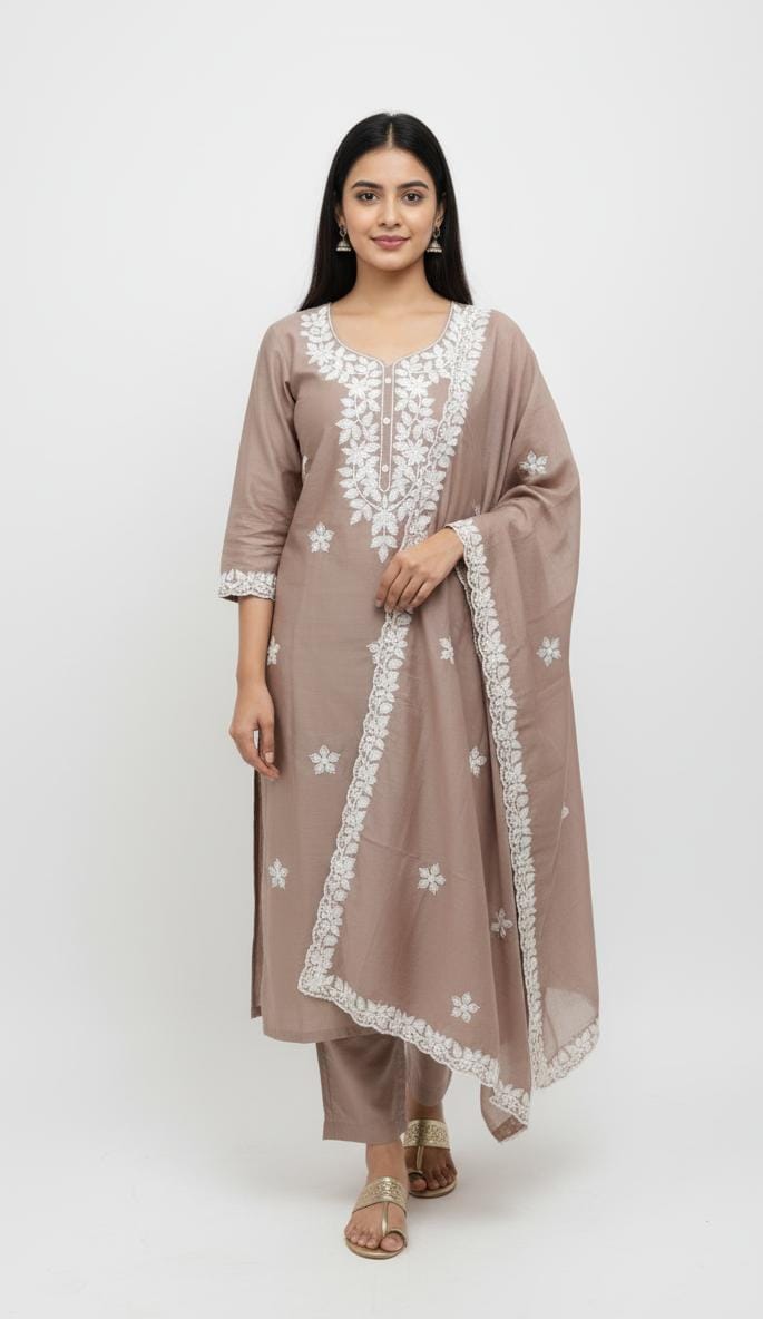 COTTON UNSTITCH SUIT, HIGHLIGHT WITH MACHINE THREAD EMBROIDERY