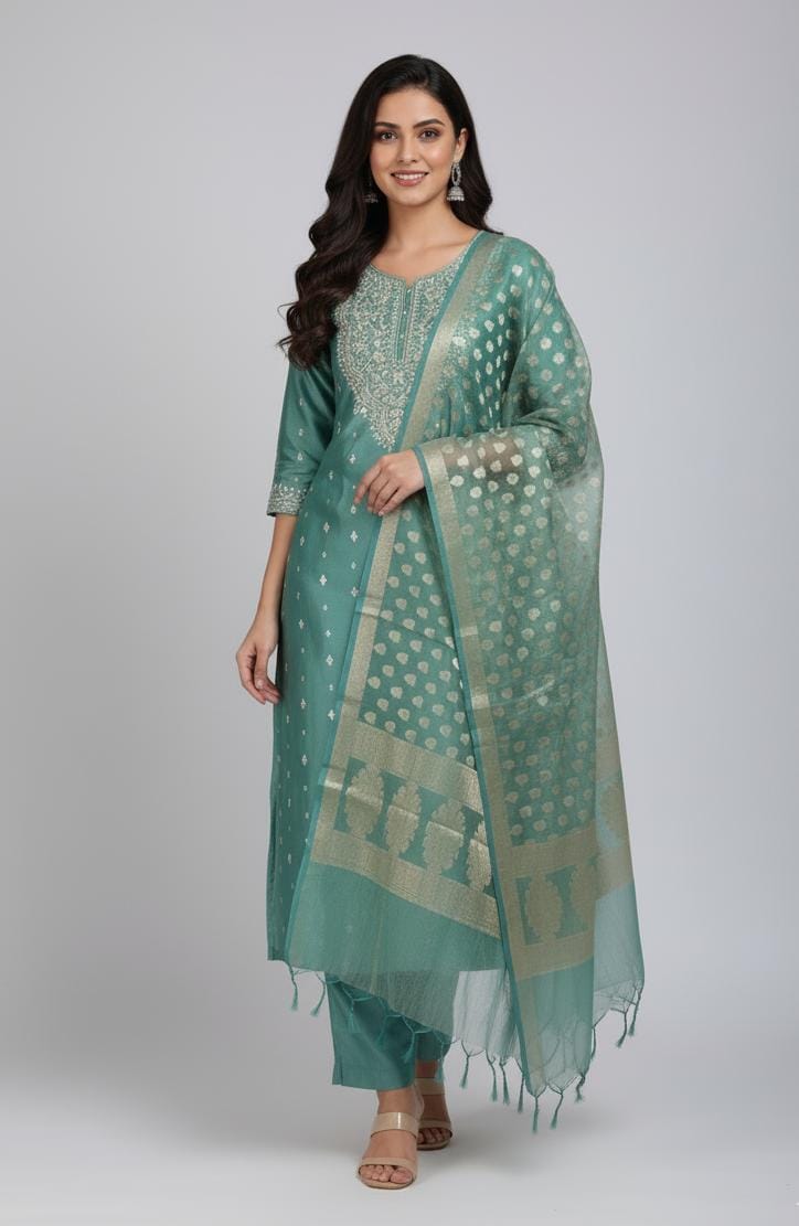 TISSUE UNSTITCH SUIT ,HIGHLIGHT WITH ZARI MACHINE EMBROIDERY